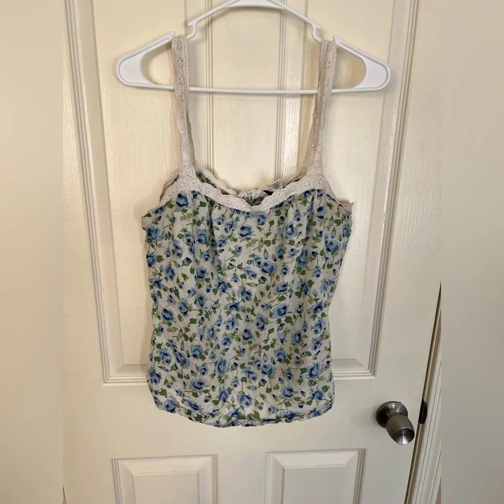 LOFT Blue Floral Lace Trim Camisole Tank Top Size L - Picture 6 of 8